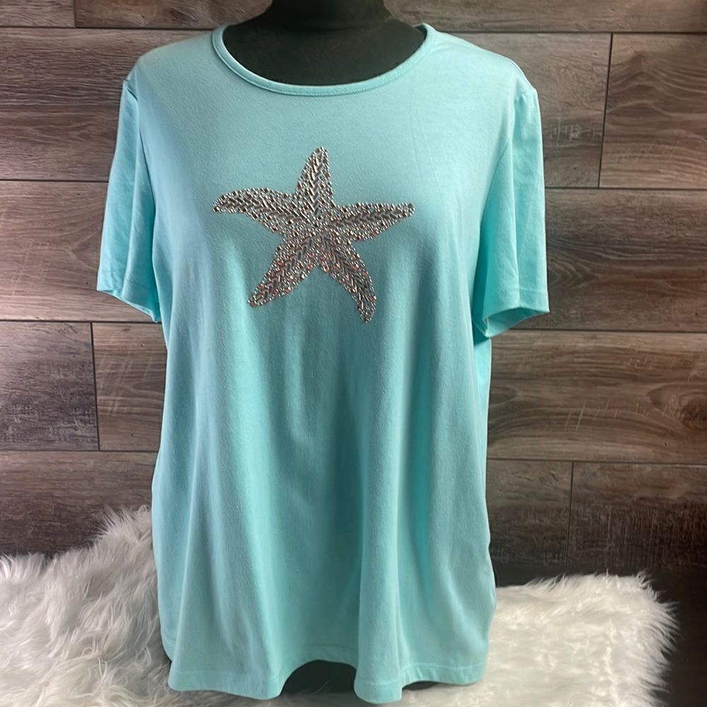Coral Bay Ladies Mint Green Top with Embellished Star Fish, Size Petite XL ,PXL